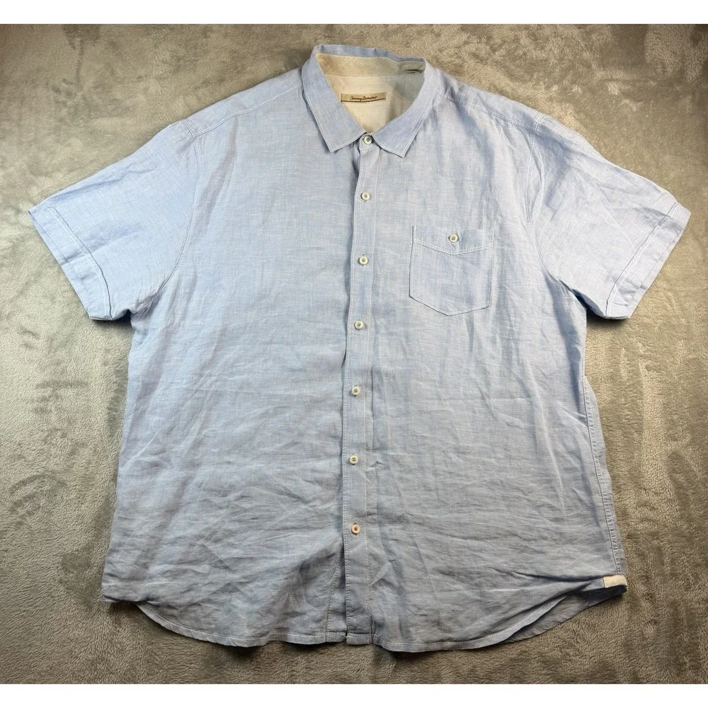 Tommy Bahama Shirt Mens XXL 100%‎ Linen Short Sleeve Button Up Light Blue